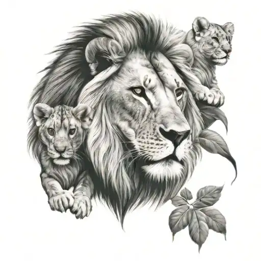 Male Lion With Two Cubs Playing