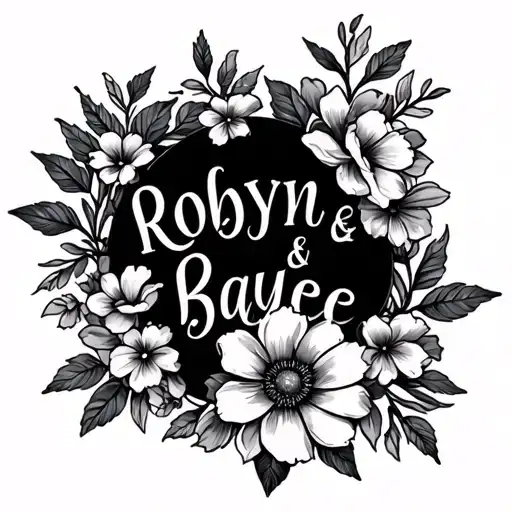 Robyn And Baylee Name Tattoo With Flowers Around In Black For Male Upper Arm