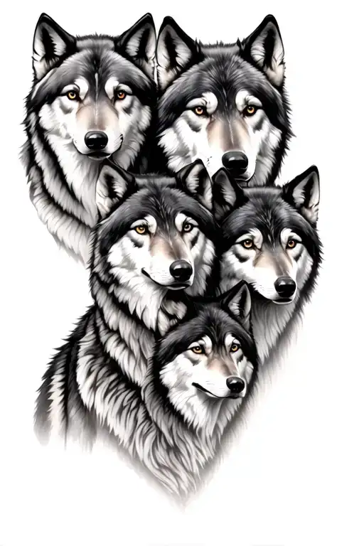 Five Wolves Representing Family Portrait