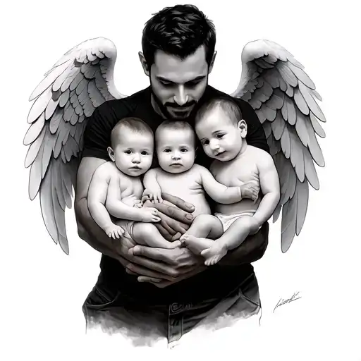 Dad Holding 3 Babies And The Middle One Has Angel Wings