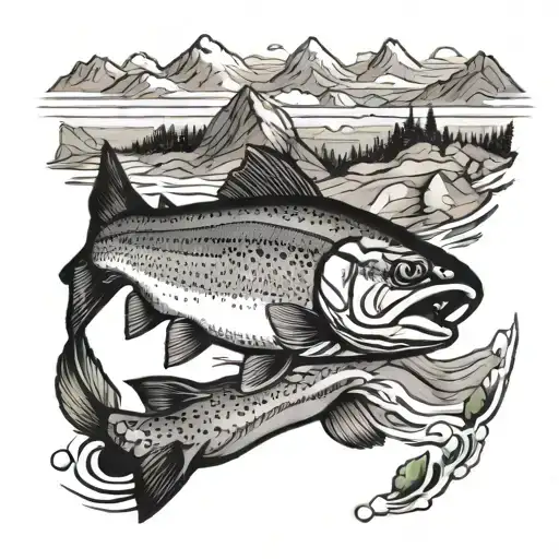 Rainbow Trout With River And Mountains