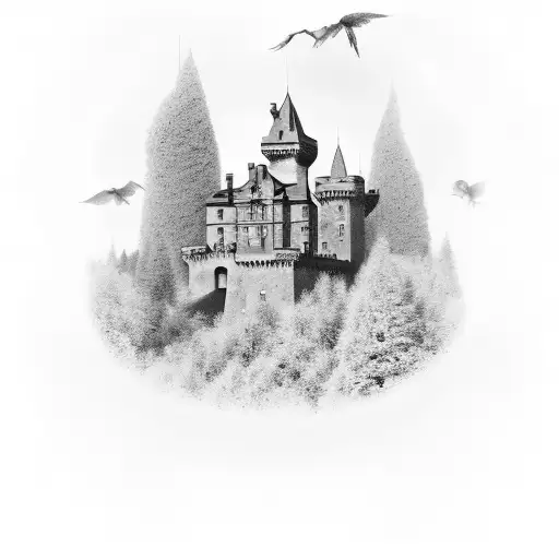 A Black-grey Tattoo Of A Scottish Castle Surrounded By Italian Cypress Trees