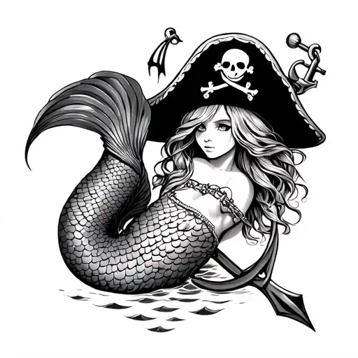 Mermaid Tail Wraped Around An Anchor And Pirate Hat