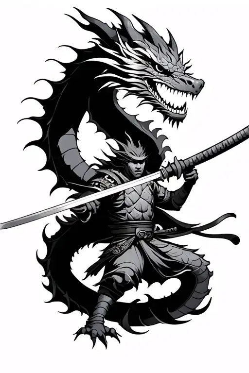 Dragon That Hovers Against A Samurai With Katana Sword