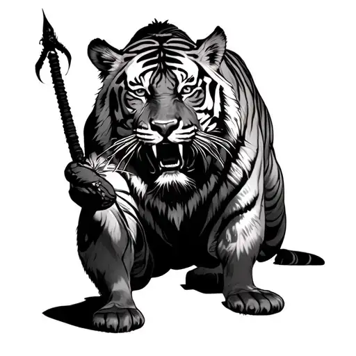 Warrior Kneeling Before Tigers At Night Before They Eat Him