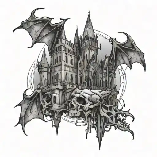 Full Hand Sketch In Neo-tribal Style With Elements Of Bats And Gothic Castles