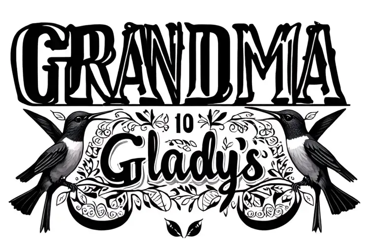 The Word Grandma With The Name Gladys But Smaller Under It With Humming Birds And The Number 10