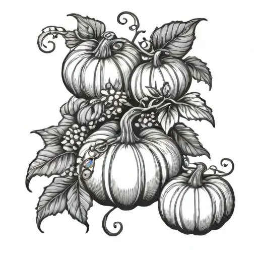 Fine Line Pumpkin Vine With Flowers And Pumpkins
