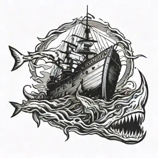 Top View Of Ship Wreck With Shark Swimming