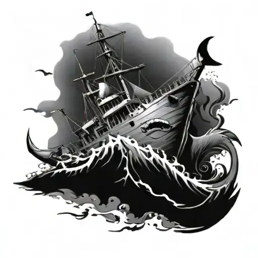 Top View Of A Shipwreck With A Shark Swimming Over And Around It