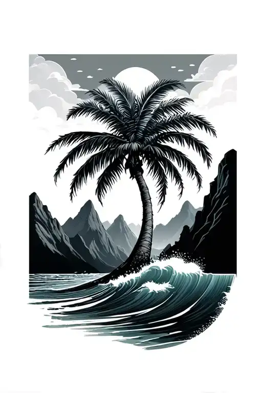 Ocean Palm Tree Waves Mountains Tree