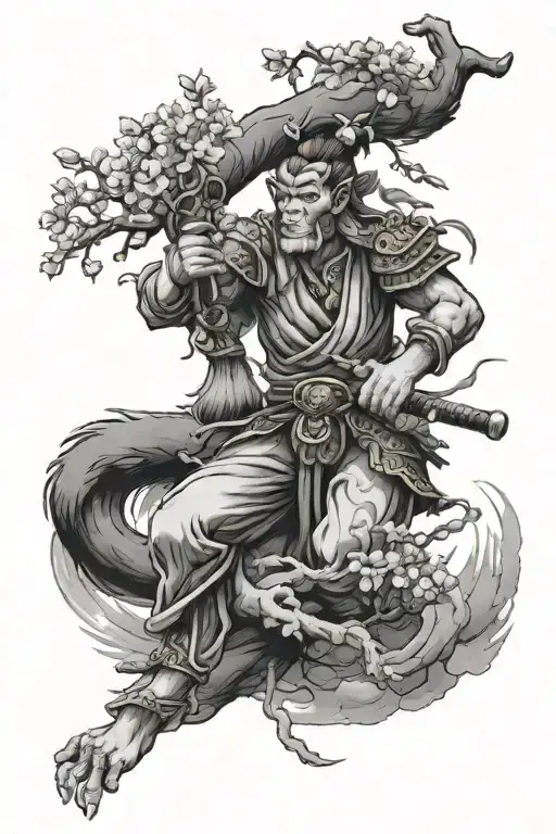 Monkey King With Blossom Tree And Pagoda Temple