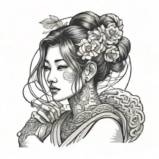 Asian Women Holding Sowrd Crosed