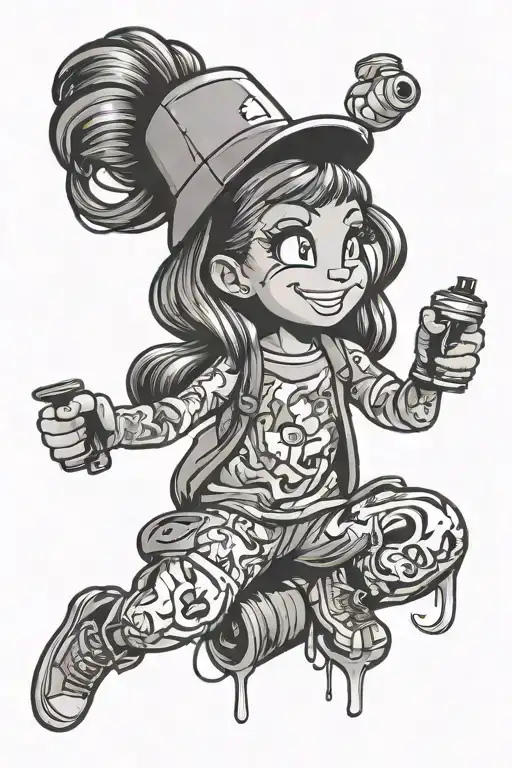 Cartoon Girl Holding Spray Can Doing Graffiti Style Mural