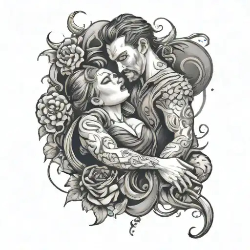 Create A Tattoo Featuring A Dark Romance Scene With Elements Of Bdsm Choking In A Black-grey Style