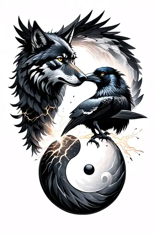 Wolf And Raven With Yin And Yang With A Lighting As Energy That Attaches Them All