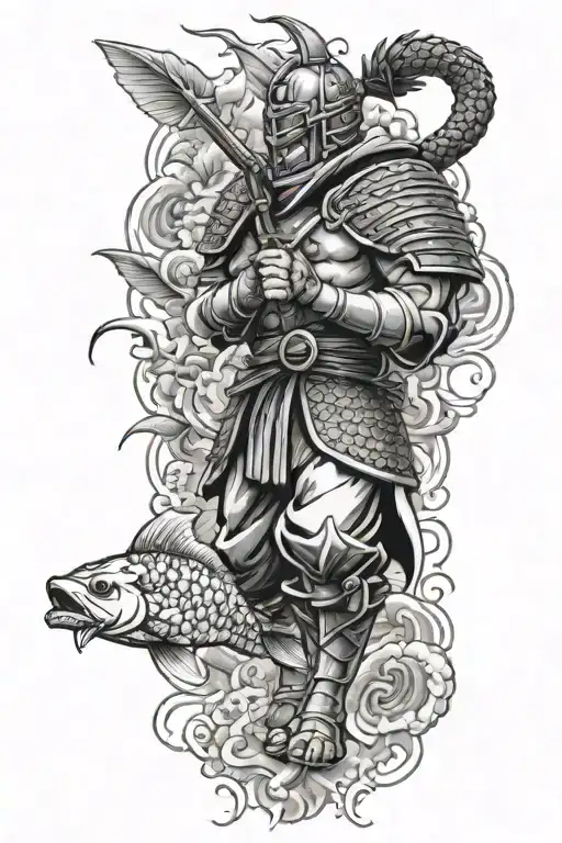 Japanese Gladiator With Koi Fish And Berserk Symbol