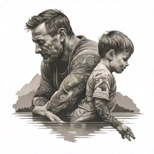 Father With Son On His Hand Standing On A Lake With Mountains