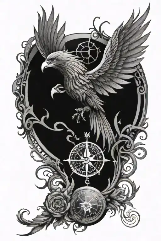 Phoenix And Compass Rose With Intricate Details