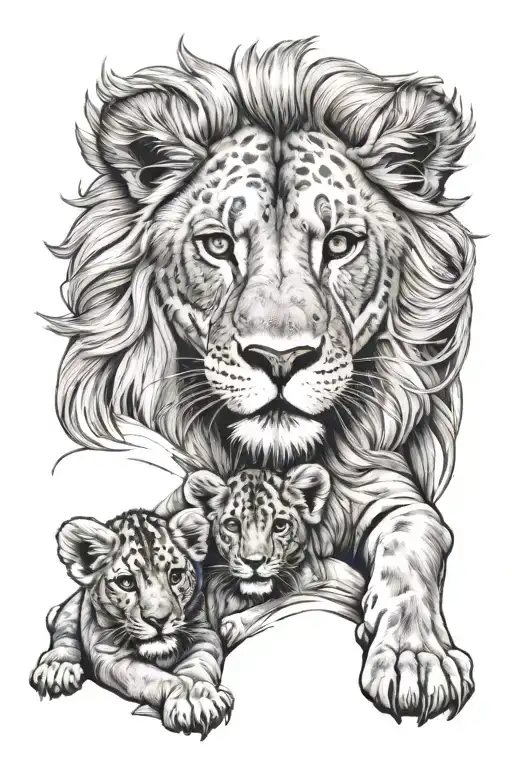 Mother Lion Protecting Three Cubs