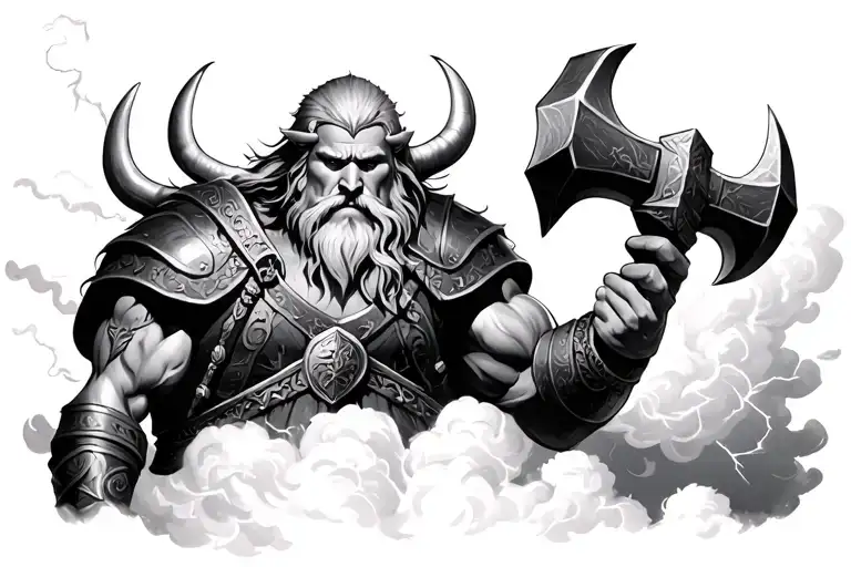 Realist Viking Warrior With Thors Hammer With Clouds And Lightening
