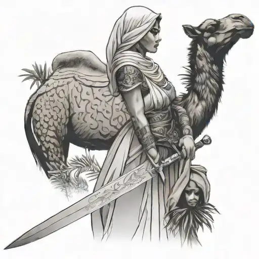 Side Faced Arabian Girl Dressed In Dessert Holding Sword With Camel And Date Tree