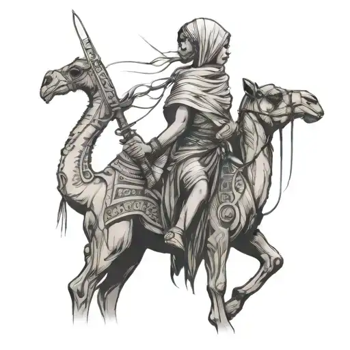 Side Faced Arabian Girl Dressed In Dessert Holding Sword With Camel And Date Tree