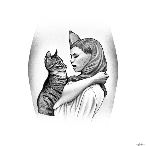 A Black And Grey Portrait Of A Famous Singer With A Cat On Their Shoulder
