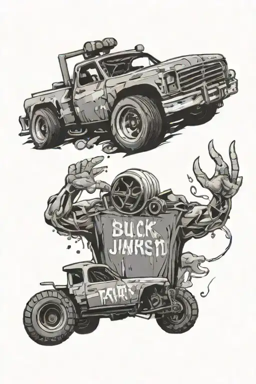 Junkyard Word With Buck Behind The Words And Random Trash With Tire Intermingled