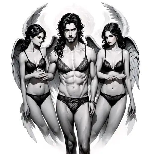 Male Human Surrounded By Sexy Angel Girls In Lingerie