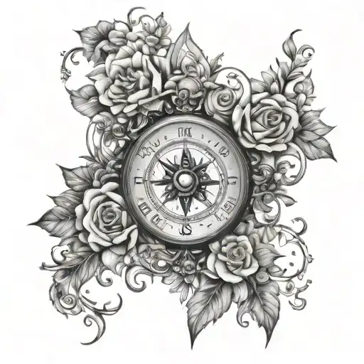 Compass Surrounded By Various Types Of Flowers