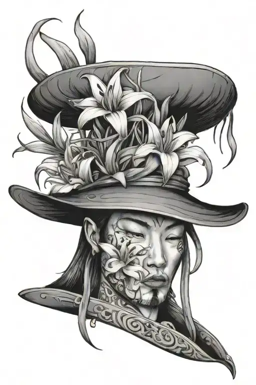 Asian Hat Surrounded By Lillies Blooming