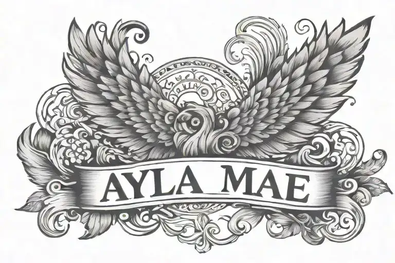 Ayla Mae Name Tattoo With Wings And Feather