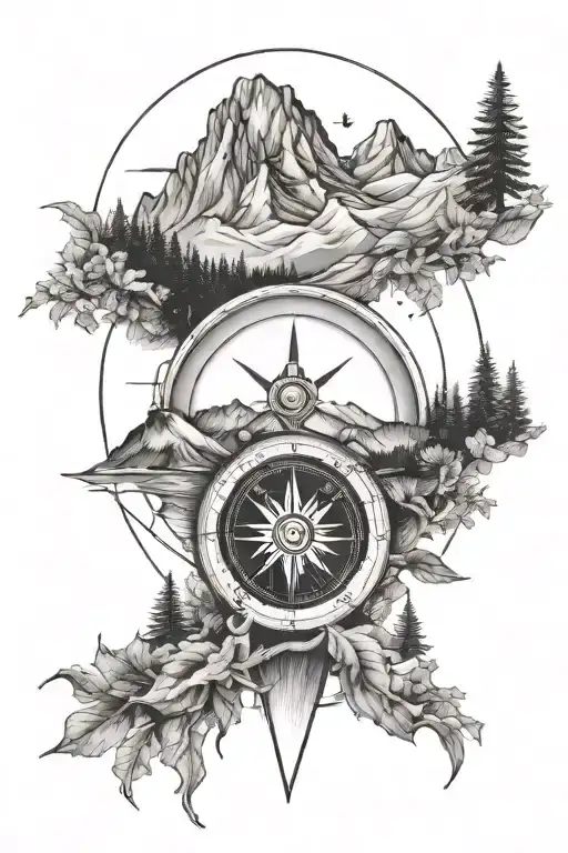 Mountains With Trees And A Compass