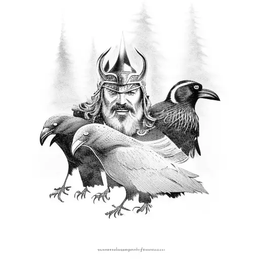 Norse Mythology Scene With Odin And His Ravens