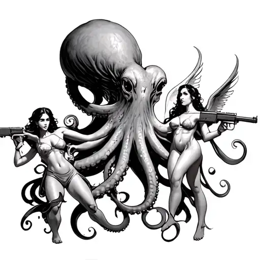 A Terrifying Octopus In A Fight With 2 Beautiful Angels Armed With Ak47