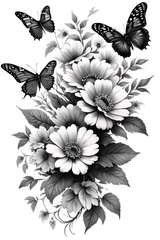 Flowers That Wrap Around The Arm With 5 Butterflies In Different Stages Of Flight