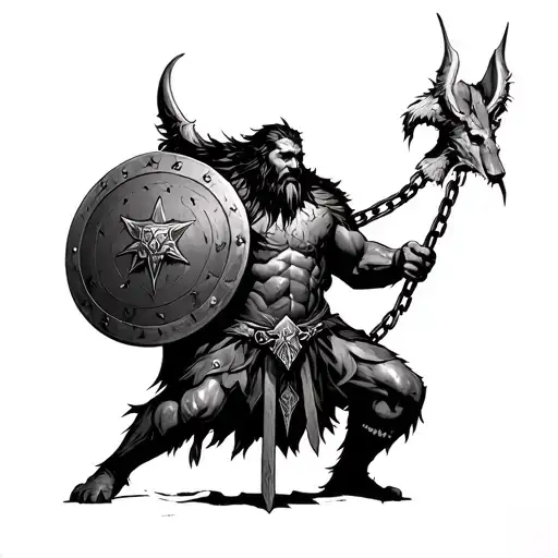 Odin The All Father Under Fenrir Chained Up Trying To Attack With A Viking Shield In The Background