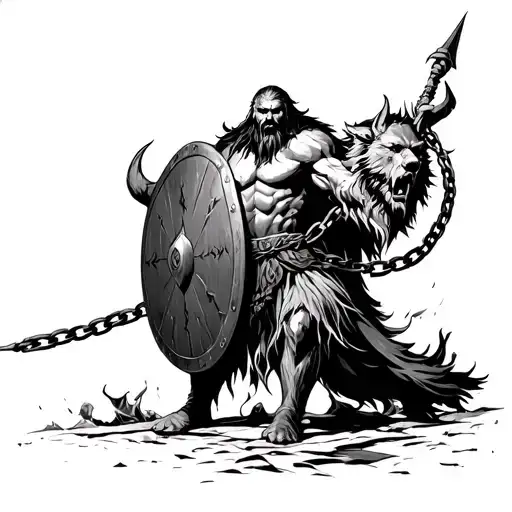 Odin The All Father Under Fenrir Chained Up Trying To Attack With A Viking Shield In The Background