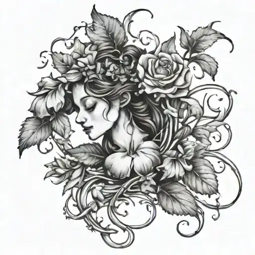 Drooping Flowers On Leafy Vine Surrounded By Small Fairies