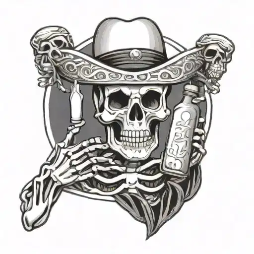 Skeleton Holding Bottle Of Alcohol In Front Of Santa Muerta Mexican Style