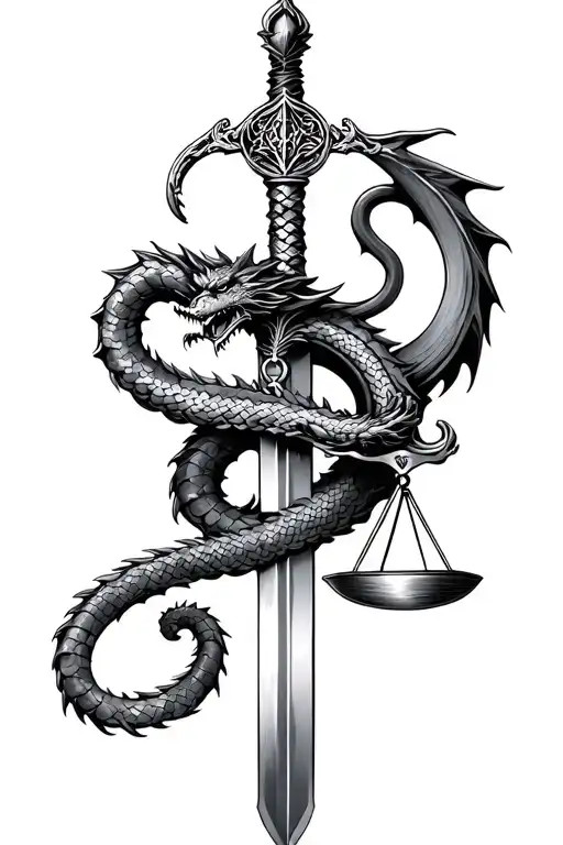Libra Scales Hanging From Sword With A Dragon Wrapping Around The Sword