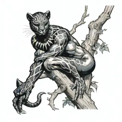 Black Panther In A Tree Branch Overlooking A Pond With A Topless Mermaid