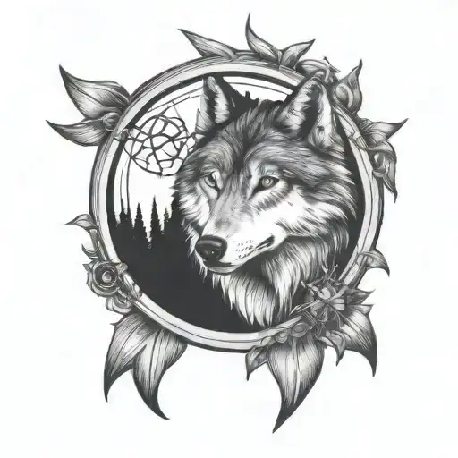 Wolf And Compass And Moon In The Sky