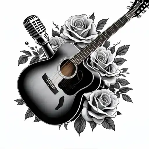 Acoustic Guitar With A Vintage Mic And Roses Around
