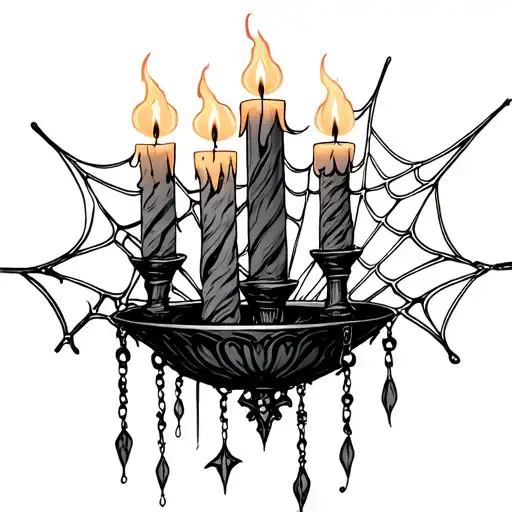 Gothic Three Burning Candles In Holder With Spiderwebs Hanging