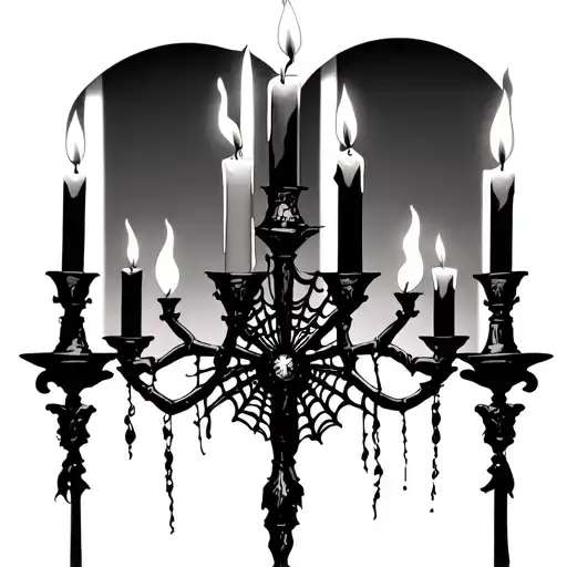 Gothic Burning Candles In Candelabra With Spiderwebs Hanging