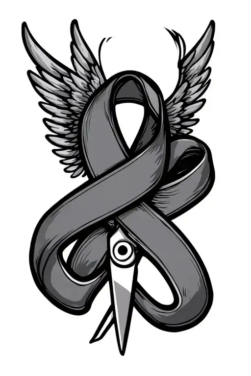 Tailor Scissor With Cancer Ribbon Wrapped With Wings Coming Out Of The Ribbon