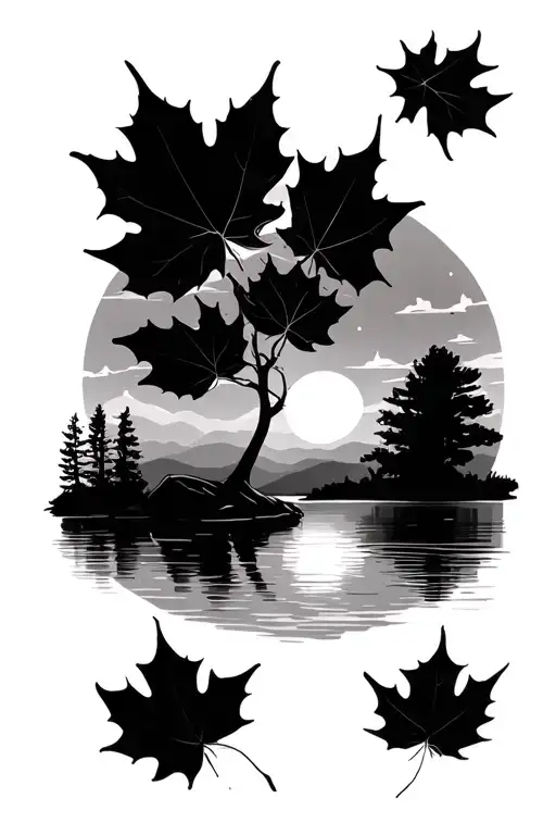 Fall Leaves Sunset Over Lake