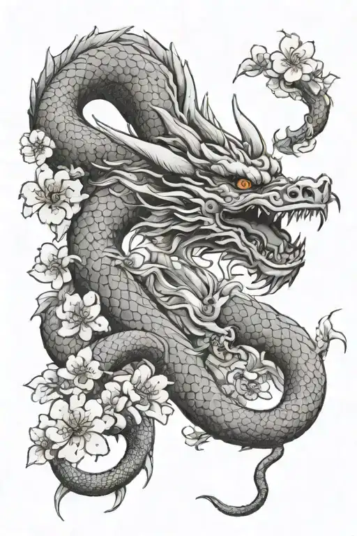 Dragon On Foot With Sakura Flowers